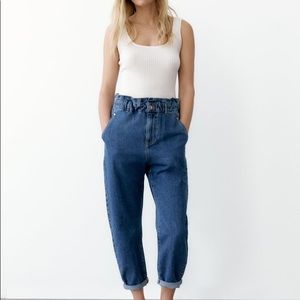 Women Zara Baggy Paper Bag High Waist Cropped Jeans